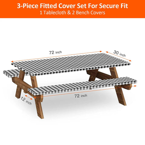 Six Foot Picnic Table And Bench Cover Set Waterproof Windproof Elastic Tablecloth Fits 72 By 30 Inches Tables And 12 By 72 Inches Benches Three Pack With Table Cover And Bench Covers Black White Checkered Outdoor Camping Gear