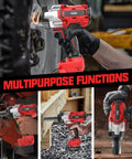 Three Quarter Inch Cordless Impact Wrench Bare Tool in use, shown with high torque 1850 Ft Lbs 2500 Nm, brushless power, LED work light.