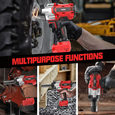 Three Quarter Inch Cordless Impact Wrench Bare Tool in use, shown with high torque 1850 Ft Lbs 2500 Nm, brushless power, LED work light.