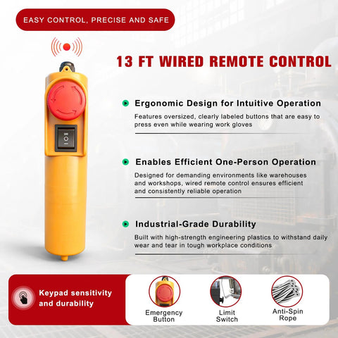 Front view of orange electric hoist with red circular remote control dial and on/off switch.