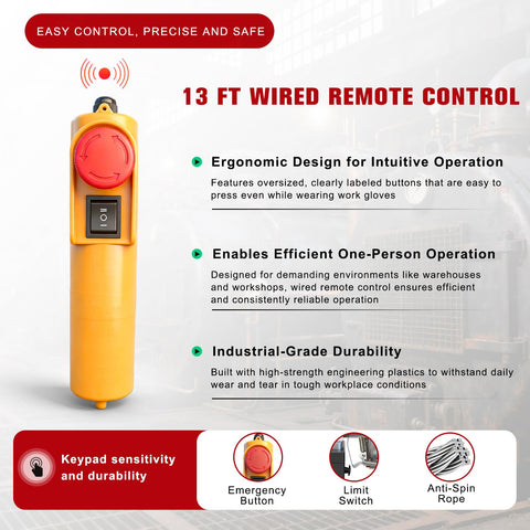 Ergonomic 13 ft wired remote control for Beefy 1320 Lb Electric Hoist Winch 110V with intuitive operation