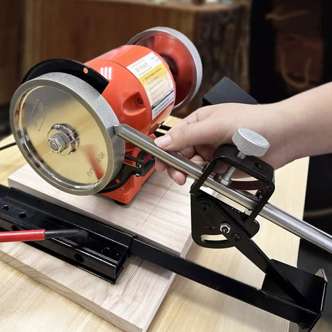 Heavy Duty Woodturning And Carving Tool Sharpening Jig For 6 Inch To 8 Inch Bench Grinders mounted on a workbench with grinding wheel.