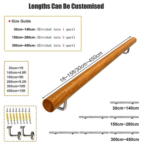 Top Shelf Indoor Wooden Stair Railing Kit Round Banister Support 11 Foot Handrail Set for Home Steps size guide with adjustable lengths