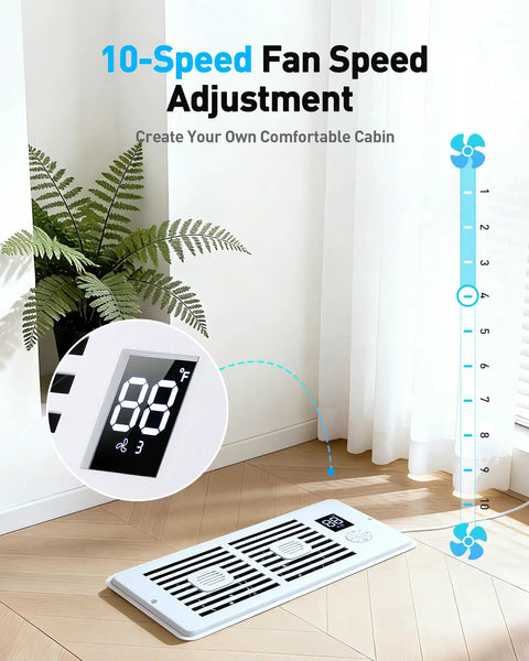 Quiet 10 Speed Register Booster Fan with Aroma Diffuser Pad shown on floor with digital display, for 4x10 ducts.