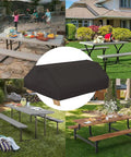 Waterproof Picnic Table Cover 70/72 Inch With Bench Covers, Heavy Duty 600D Oxford, Black, shown on outdoor tables