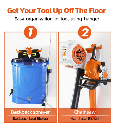 Backpack Leaf Blower Hanger With Tube Hook 2 Pack Wall Mounts for sprayers and chainsaws in garage storage setup
