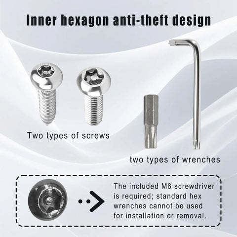 Inner hexagon anti-theft screw design showcasing two types of stainless steel screws and two compatible wrenches.