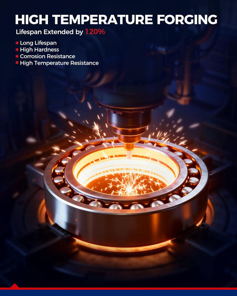High temperature forging process with sparks, enhancing wheel bearing lifespan and resistance.