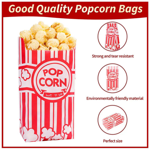 100 Pack 1 Oz Popcorn Bags For Popcorn Machines And Movie Nights, Food Grade Paper Bags shown full of popcorn
