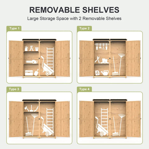 Diagram showing four configurations of outdoor storage cabinet with waterproof roof and double lockable doors, featuring removable shelves.