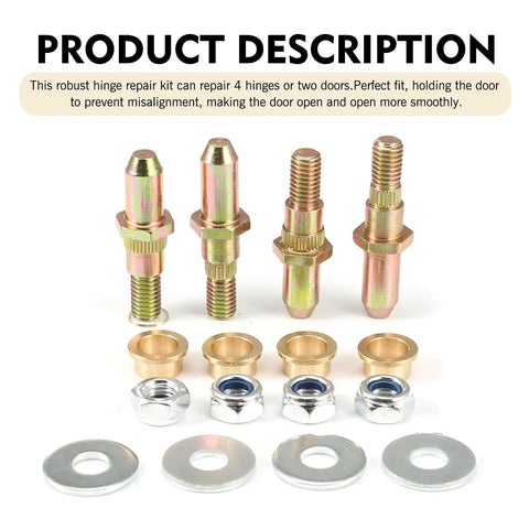 4 Piece Door Hinge Pin And Bushing Repair Kit For Chevrolet Full Size GMC Vehicles, gold finish components with washers and nuts