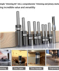 9 Piece Pattern Flush Trim Router Bit Set With 1/4 Inch Shank And Carbide Tips Pro Grade Top Bearing Template Guide on display