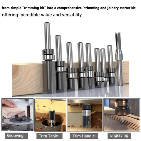 9 Piece Pattern Flush Trim Router Bit Set With 1/4 Inch Shank And Carbide Tips Pro Grade Top Bearing Template Guide on display