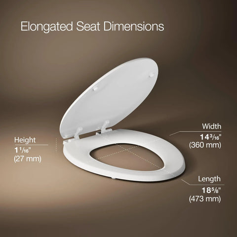 Toilet Seat With Color Matched Hinges And Compression Molded Wood For Traditional Bathrooms, dimensions shown on white model.