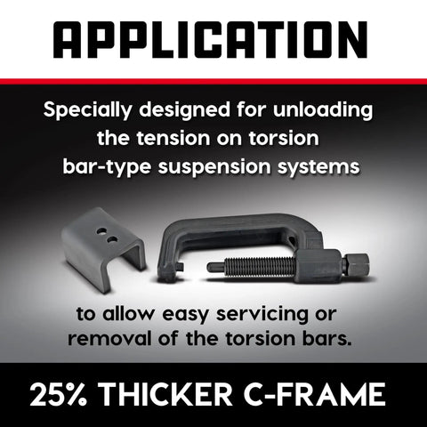 Slick Torsion Bar Unloading Tool Kit And Suspension Service Set With Universal Adapters For Gm Dodge Ram And Ford Trucks To Flex Ride Height Changes Inside A Heavy Duty Blow Molded Case showing C-frame and adapter for tension unloading.
