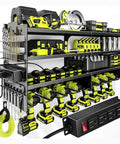 Six Shelf Heavy Duty Power Tool Organizer Wall Mount With Drill Holder Slots Side Screwdriver Racks And Hook Bar For Garage
