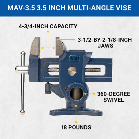 MAV-3.5 Multi-Angle Vise With Smooth 3.5x2.125 In Jaws, 4.75 In Pro Grade Clamp Power, 360 Degree Swivel, labeled features.