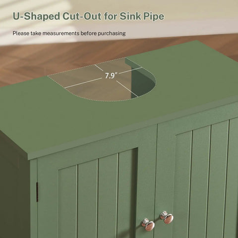 Slick U Shaped Under Bathroom Sink Cabinet With Two Smooth Doors And Nifty Open Shelf To Dodge Pesky Plumbing Pipes And Stash Cleaners In Modern Green Space Saver