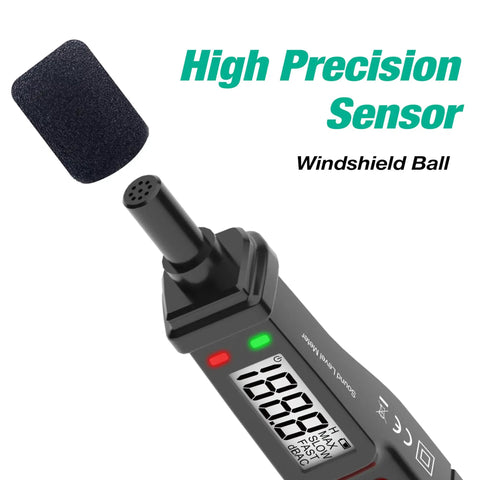 Pro Grade Sound Level Meter With 30-130 DB Range, Digital Decibel Meter With LCD Display, High Precision Sensor, Plus Or Minus 1.5 DB Accuracy, 0.1 DB Resolution, Condenser Microphone, Ideal For Home And Work Noise Monitoring with windshield ball