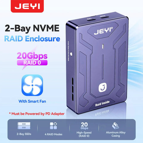 Blazing Fast Dual Bay Nvme M.2 Ssd Enclosure With Usb 3.2 Gen2x2 And 20Gbps shown from the front with smart fan and aluminum casing.