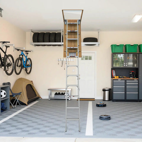 10 Ft Aluminum Attic Ladder Pull Down System For 22.5 X 54 Inch Opening, Fits Ceilings From 7 Ft 8 In To 10 Ft 3 In, Heavy Duty Attic Access With Solid Pine Rails And Reinforced Base, Smooth Operation And Easy Install in garage attic opening