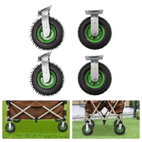 Eight Inch Pneumatic Caster Wheels Heavy Duty Rubber Inflatable Tires Four Piece Set showing two swivel and two rigid types.