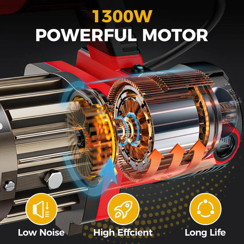 Anbull 1300W Electric Hydraulic Rebar Cutter motor detailed view highlighting low noise and high efficiency features.
