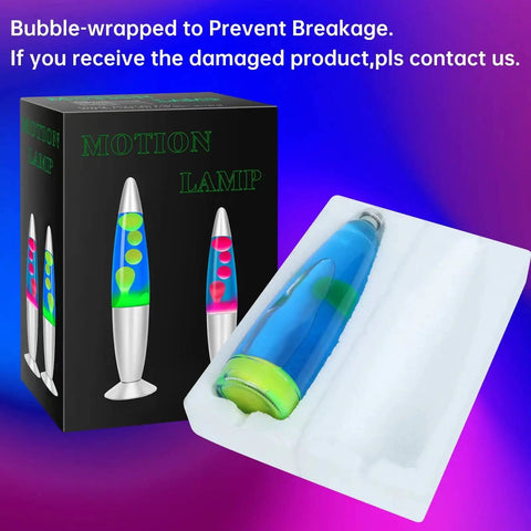 Motion Table Lamp 16 Inch Volcano Lamp with Blue Liquid and Green Wax in packaging, bubble-wrapped for protection