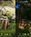 Upgraded Solar Watering Can With Lights Outdoor Hanging Lantern showing daytime charging and nighttime illumination