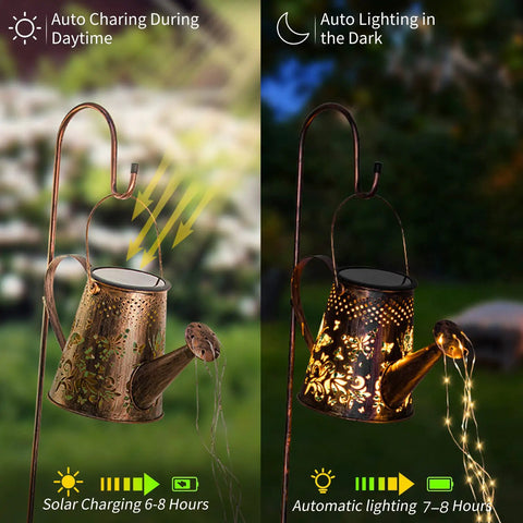 Upgraded Solar Watering Can With Lights Outdoor Hanging Lantern showing daytime charging and nighttime illumination