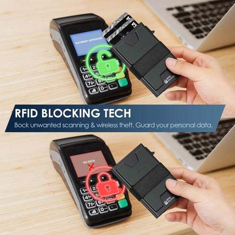 Person holding the Ultra Slim Card Holder For Men With Pop Up Wallet RFID Blocking Minimalist Wallet Metal Cash Band next to a payment terminal.
