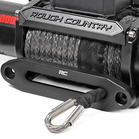 12000 Pound Pro Series Electric Winch With Heavy Duty Synthetic Rope For Off Road Recovery 85 Foot Three Eighth Inch Rope And A Six Horsepower Motor Black Model PRO12000S front view with hook