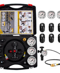 Pro Grade Hydraulic Nitrogen Accumulator Filling Kit With 3 Pressure Gauges And 7 Adapters in a black case