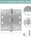 Six Pack Heavy Duty Ball Bearing Door Hinges 4.5 By 4.5 Square Inch Brushed Nickel Stainless Steel Build shown with dimensions.
