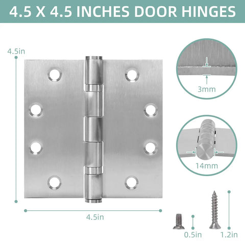 Six Pack Heavy Duty Ball Bearing Door Hinges 4.5 By 4.5 Square Inch Brushed Nickel Stainless Steel Build shown with dimensions.