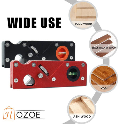 Red and black chamfer planer for woodworking with four cutter head options, shown on solid wood, black walnut, oak, ash surfaces.
