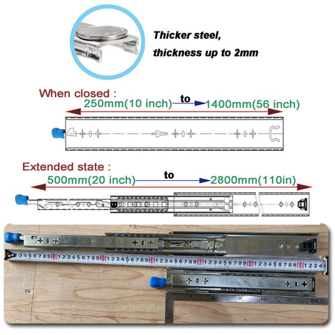 Pro Grade 2 Pack Heavy Duty Ball Bearing Drawer Slides Undermount Runners for Cabinets, size shown with thickness and extension details.