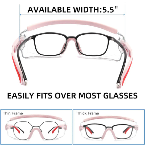 Over Glasses Anti Fog Safety Goggles for Men and Women with 5.5" width adjustable pink frame, fits over prescription glasses