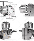 Pro Grade 3 Jaw Chuck And Dividing Head Kit with adjustable features, quick release plugs, and vertical-horizontal mounting on metal base.
