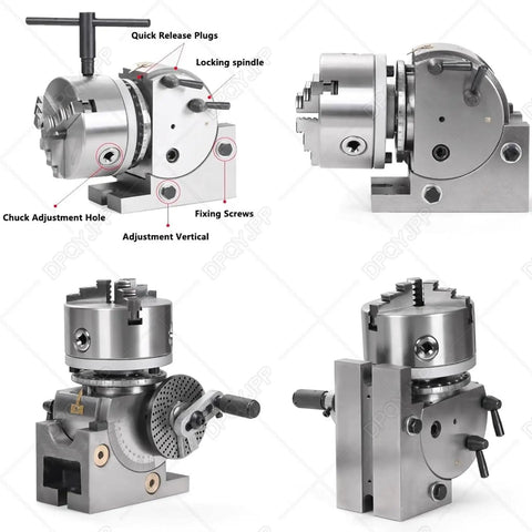 Pro Grade 3 Jaw Chuck And Dividing Head Kit with adjustable features, quick release plugs, and vertical-horizontal mounting on metal base.