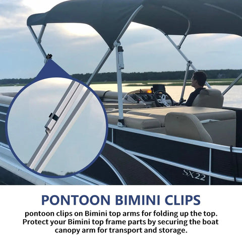 Pontoon boat with anti-rattle pontoon bimini clips for square tube frames shown in close-up, securing the top on a windy ride.
