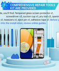 Galaxy A03 Screen Replacement Kit With Frame Full Assembly LCD Display Touch Digitizer And Repair Tools Set For SM A035F A035M No More Cracked Screen Bundle, showing a screen with tools.