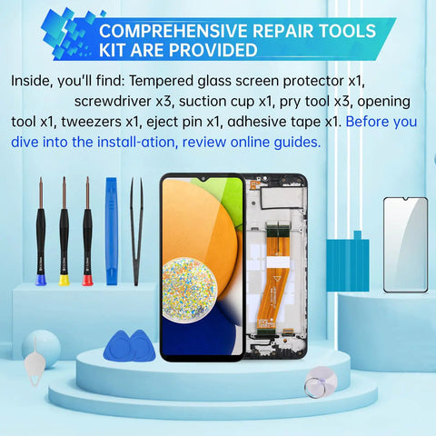 Galaxy A03 Screen Replacement Kit With Frame Full Assembly LCD Display Touch Digitizer And Repair Tools Set For SM A035F A035M No More Cracked Screen Bundle, showing a screen with tools.
