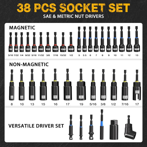 All In One 86 Piece Magnetic Impact Nut Driver Set With Socket Adapters, Universal Joint, Flexible Shaft, metric and SAE sizes