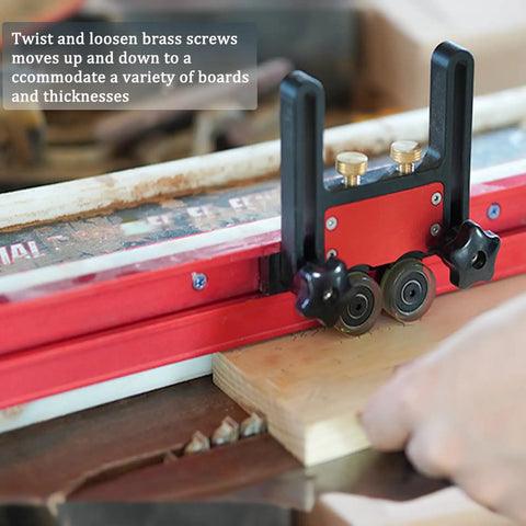 2Pcs Table Saw Feather Board With Dual Bearing Rollers And Adjustable Safety Push Block For Dead Nuts Secure Guide And Smooth As Silk Feed Tracking On Table Saws Or Router Tables with brass screws adjusting for board thickness.
