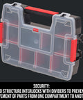 10-Compartment Small Tool Storage Organizer Made From Durable Plastic With Removable Dividers, stackable side latches, locking lid
