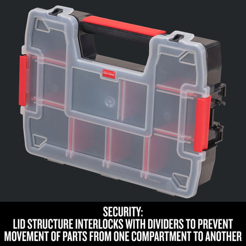 10-Compartment Small Tool Storage Organizer Made From Durable Plastic With Removable Dividers, stackable side latches, locking lid