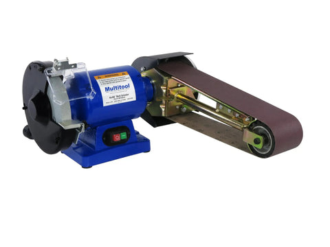 Real Badass 1HP Belt Grinder With Quick Swap 4By48 Inch Belt Auto Tension Rig And 4970 Sfpm Power, metalworking tool in blue.
