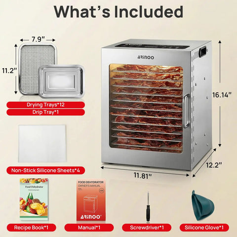 Top Shelf Heavy Duty 12 Tray Food Dehydrator With 800W Dual Fan And 48H Timer, includes drying trays and accessories.