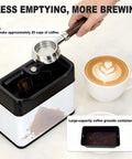 Game Changer Electric Espresso Knock Box And Automatic Portafilter Cleaner With Dual Scrubbers For No Sweat Coffee Ground Cleanup, showing portafilter and grounds.